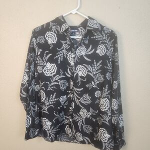 Lands' End Navy and White Floral Women's Button Down Shirt 12 (5746)